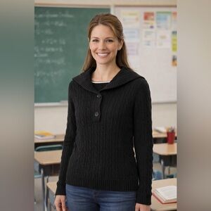 Liz Claiborne -classic black  button neck Cable Knit Sweater size Small